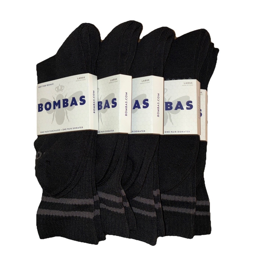 BOMBAS Socks Men's L (US 9.5-13) Black Gray Stripe Calf Logo NEW Lot Of‎ 5